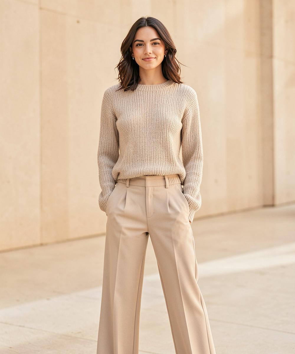 Femme portant un pull en maille crème et un pantalon beige
