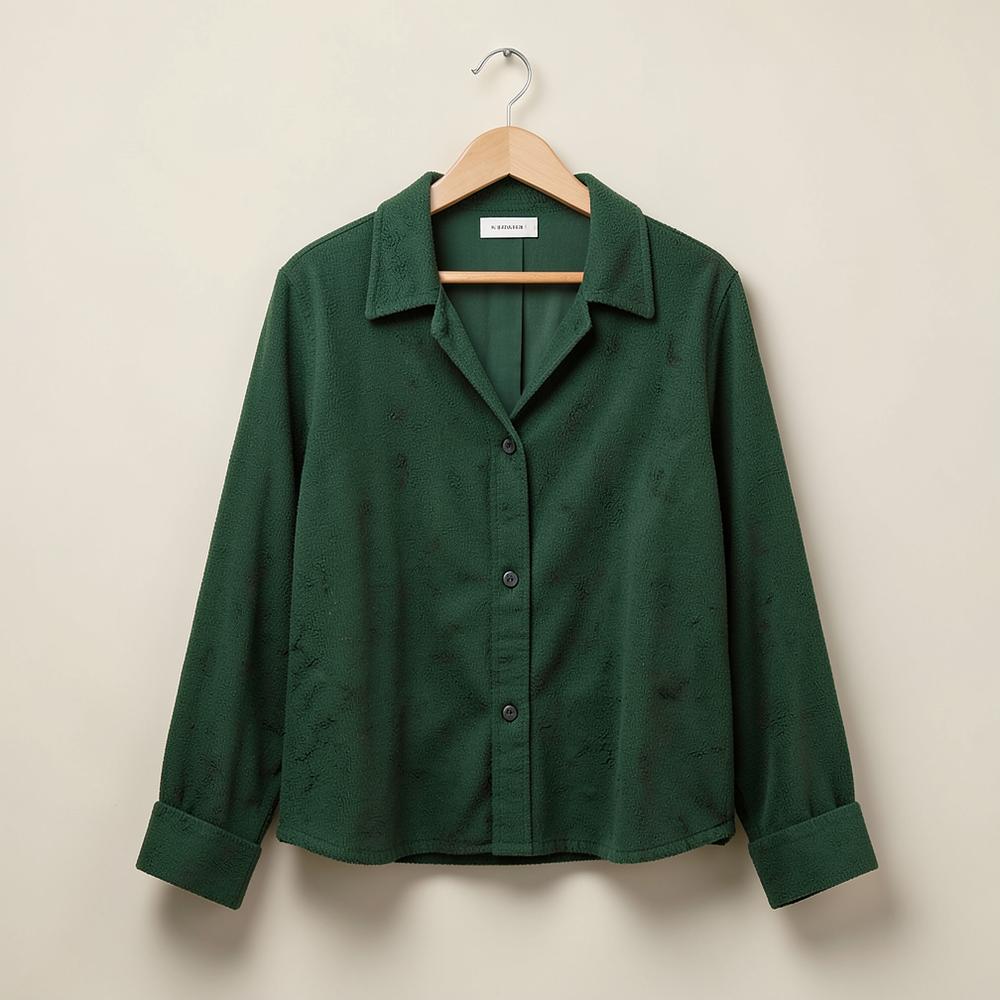 Surchemise Field Layer vert forêt sur cintre devant un fond beige clair